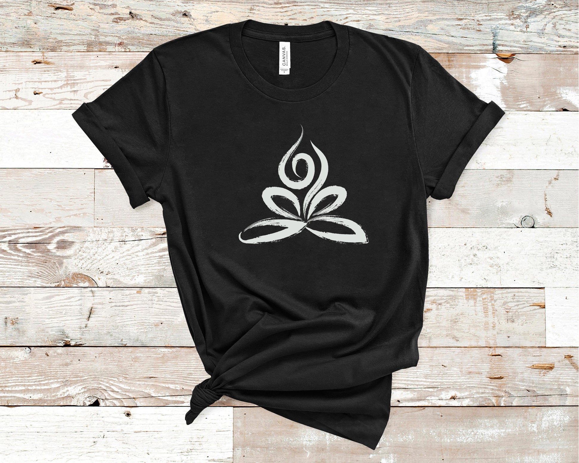 Ladies Yoga Shirt Black Lotus OM Patch Small Print Organic Tee T-Shirt
